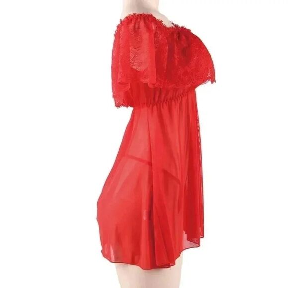 🆕 S-XL; Red Babydoll Night Dress Slip Off The Shoulder Lingerie with Ruffles - Picture 6 of 8